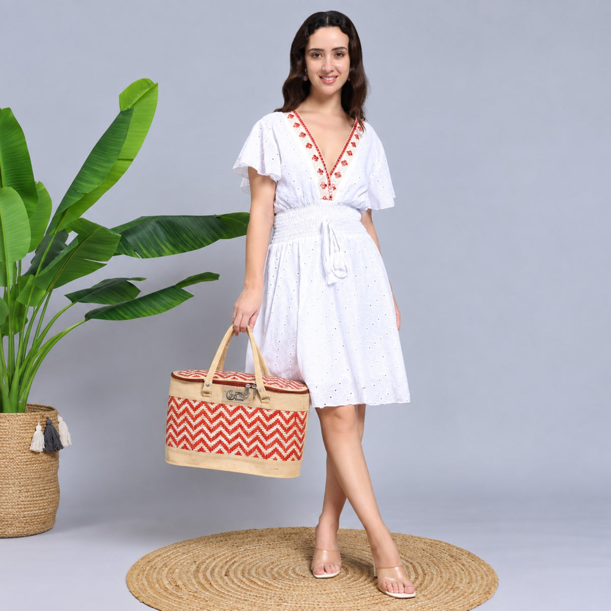 Sthula's Handwoven Jute Handbag – Stylish Red & Beige Woven Tote Bag for Women