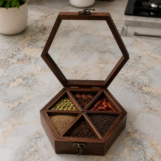 Sthula's Handmade Wooden Brown Hexagonal Spice Storage Box With 6 Compartments