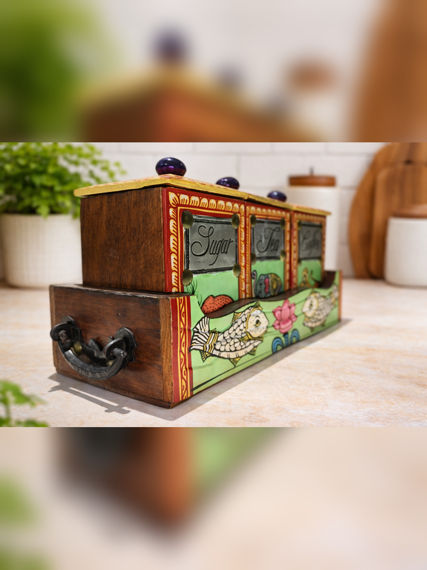 Sthula's Handcrafted Multicolor Wooden Sugar Tea Coffee Jar Set with Tray