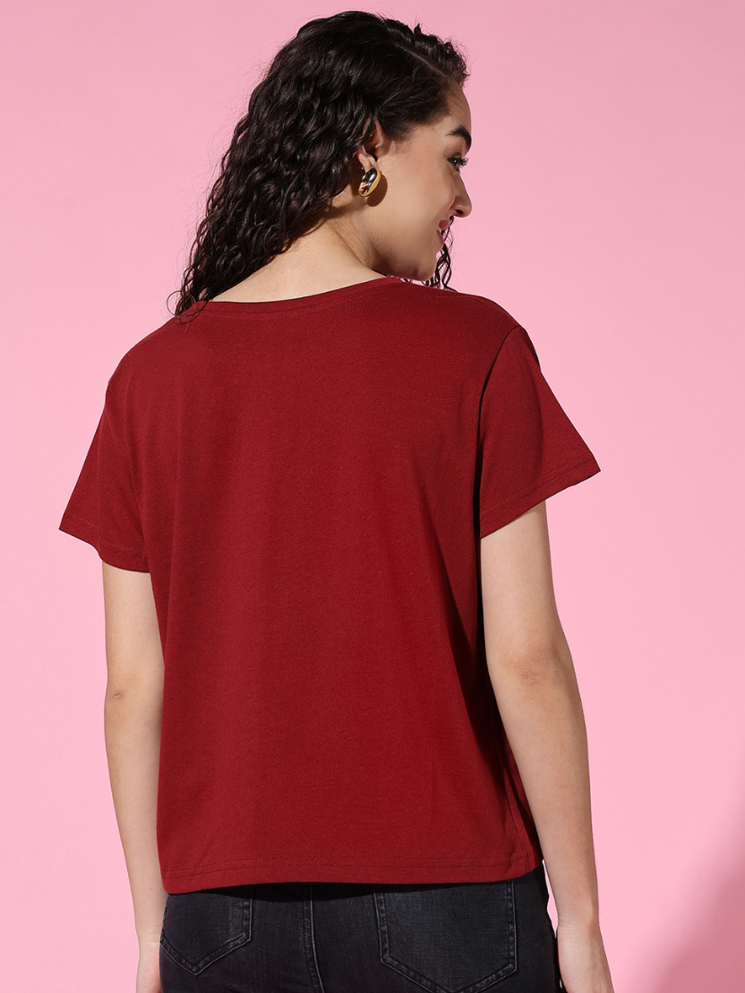 Sthula's Women Maroon Cotton T-Shirt
