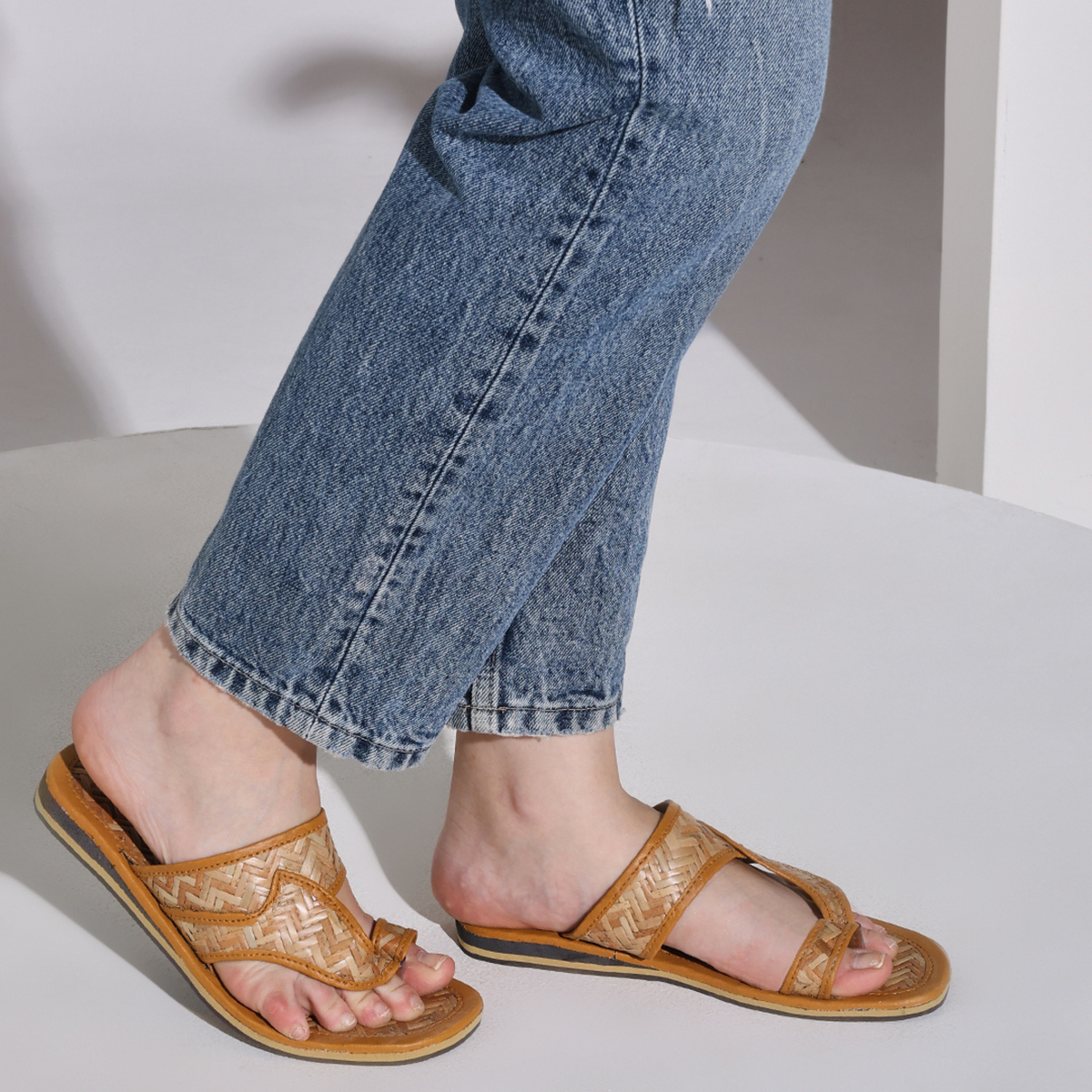 Sthula's Women’s Woven Cutout Flat Sandals – Tan, Synthetic