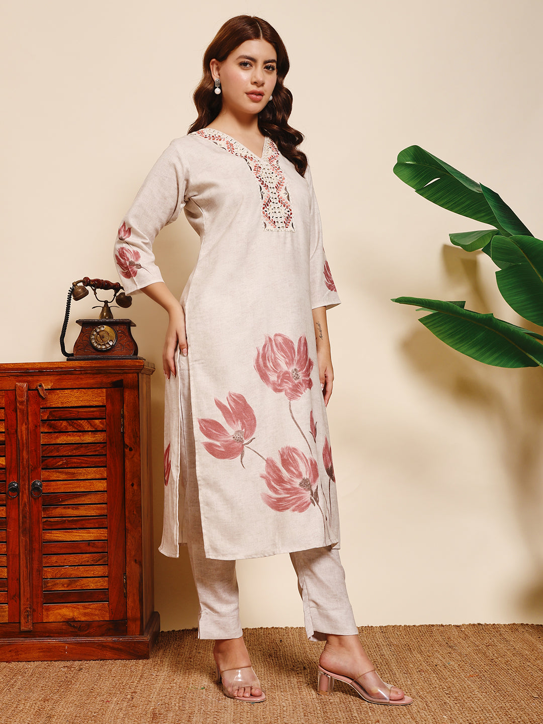 Sthula's Off White Floral Kurta Set with Wine Dupatta