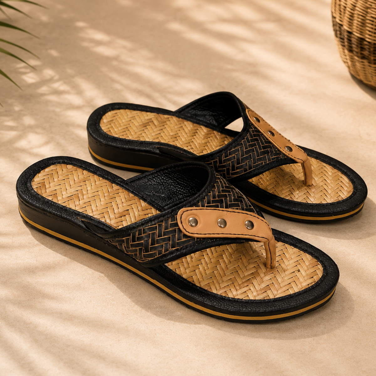 Sthula's Women’s Black Woven Toe Loop Flat Sandals
