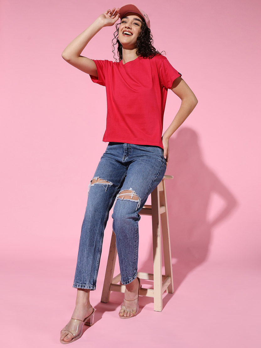 Sthula's Women Pink Cotton T-Shirt