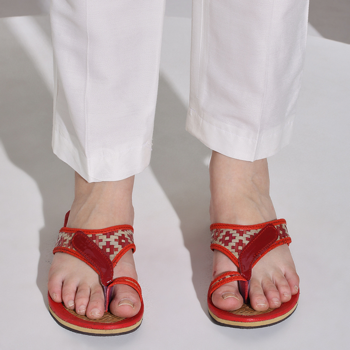 Sthula's Women’s Woven Strap Flat Sandals – Red, Synthetic