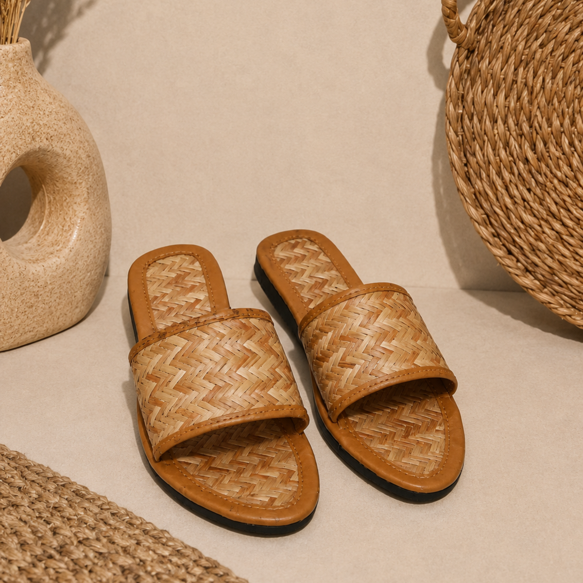 Sthula's Women’s Woven Strap Flat Slip-On Sandals – Tan