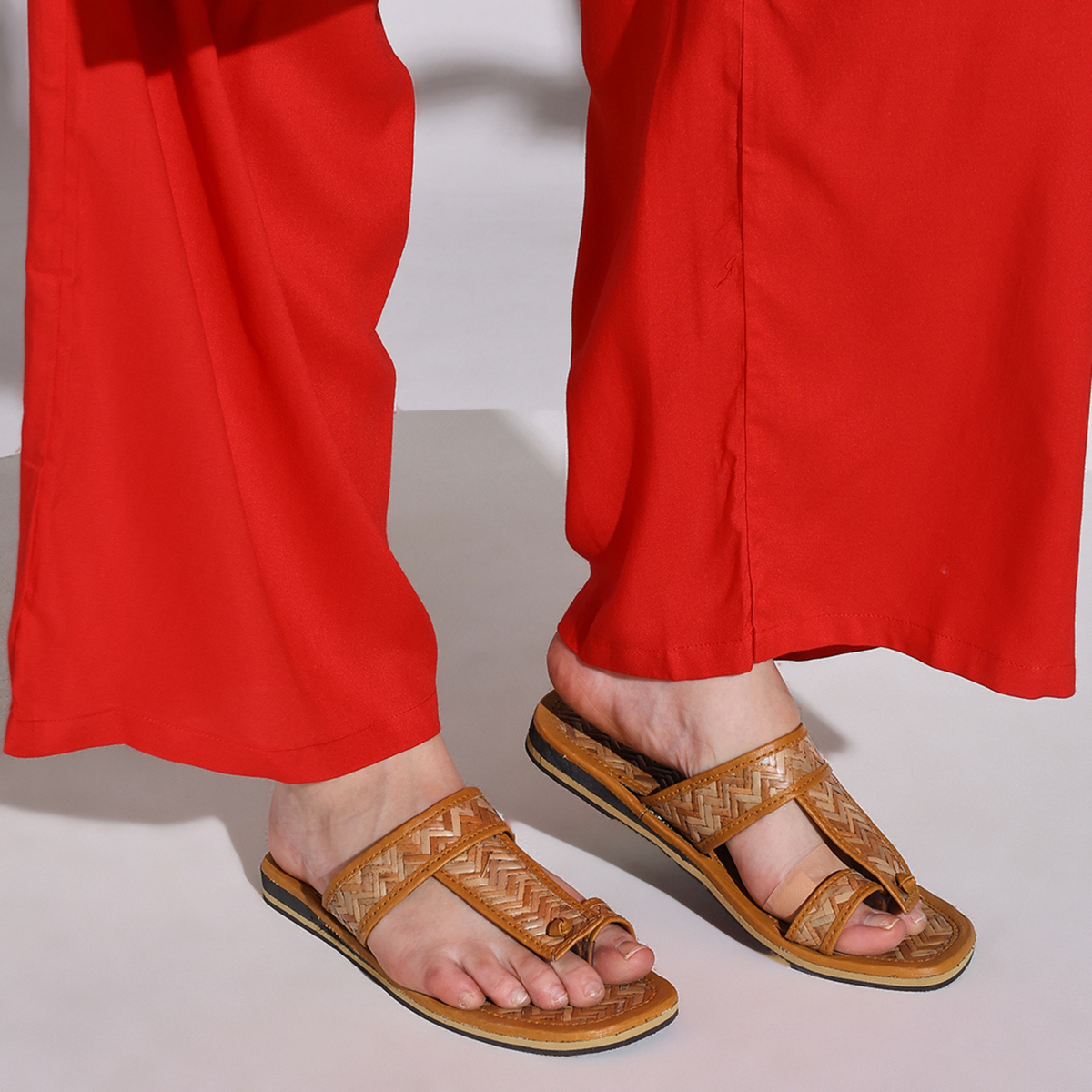 Sthula's Women’s Woven T-Strap Flat Sandals – Tan, Synthetic