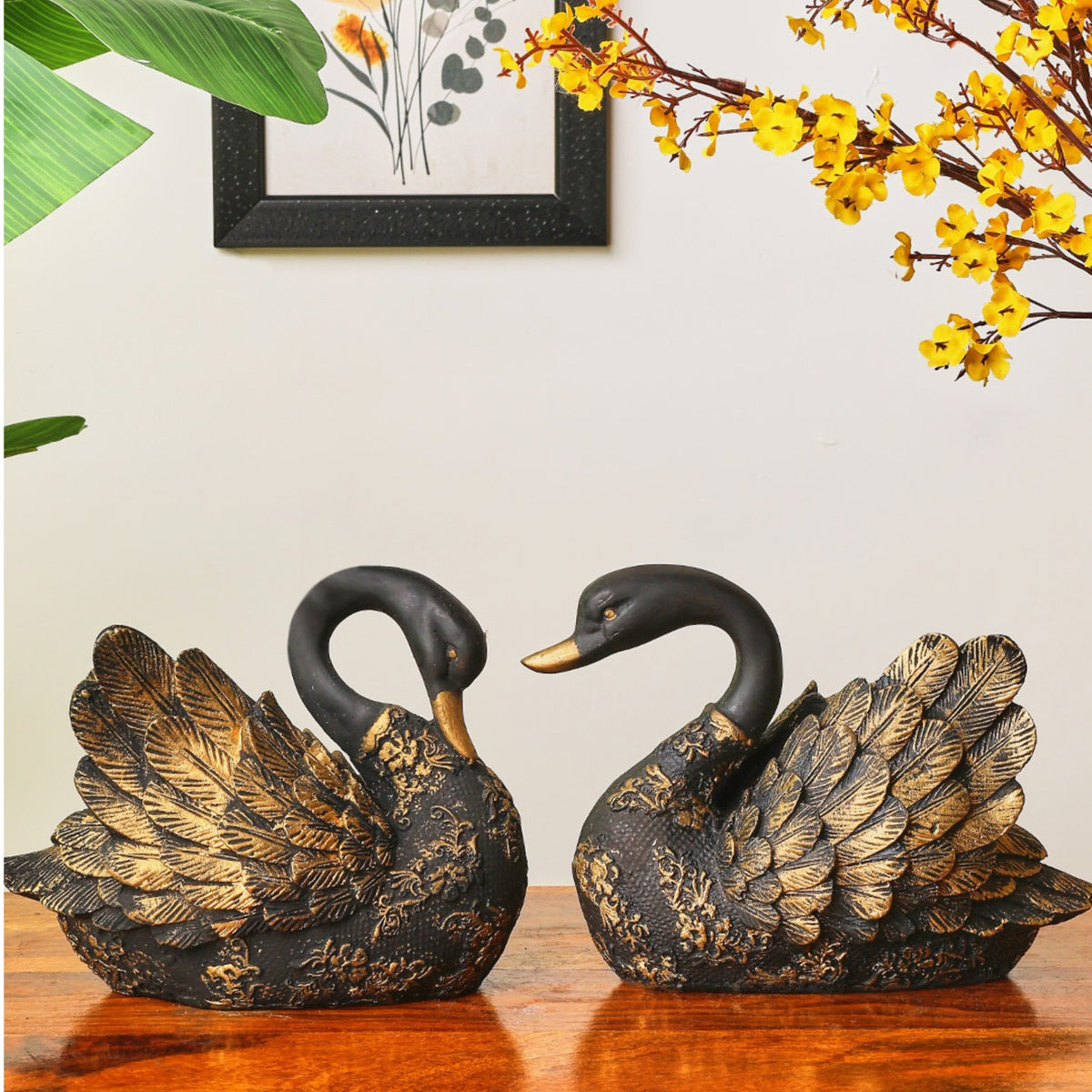Sthula's  Black & Gold Swan Decorative Showpiece Set – Elegant Bird Figurines