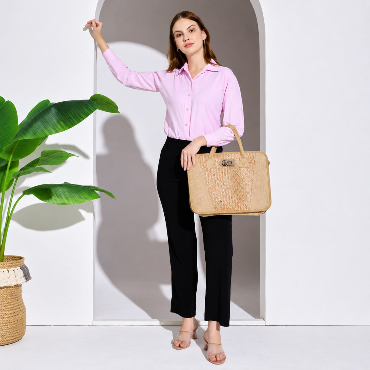 Sthula's Handcrafted Woven Laptop Bag – Natural Beige Office & Work Bag