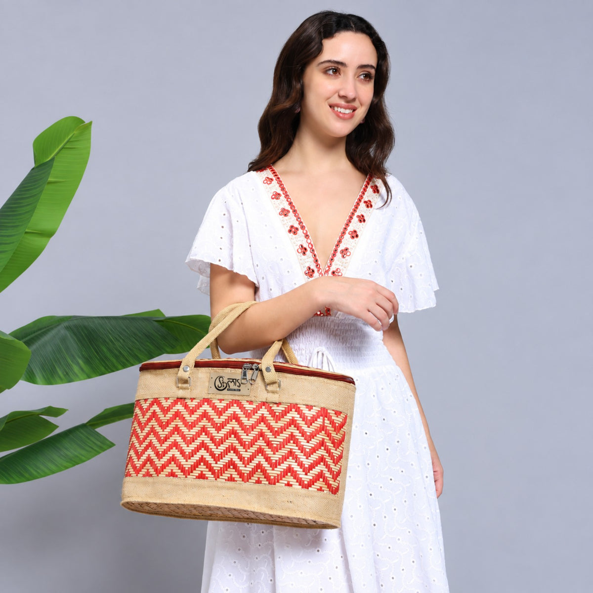 Sthula's Handwoven Jute Handbag – Stylish Red & Beige Woven Tote Bag for Women