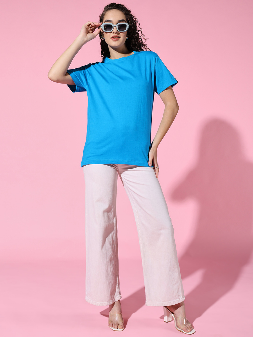 Sthula's Women Aqua Cotton T-Shirt