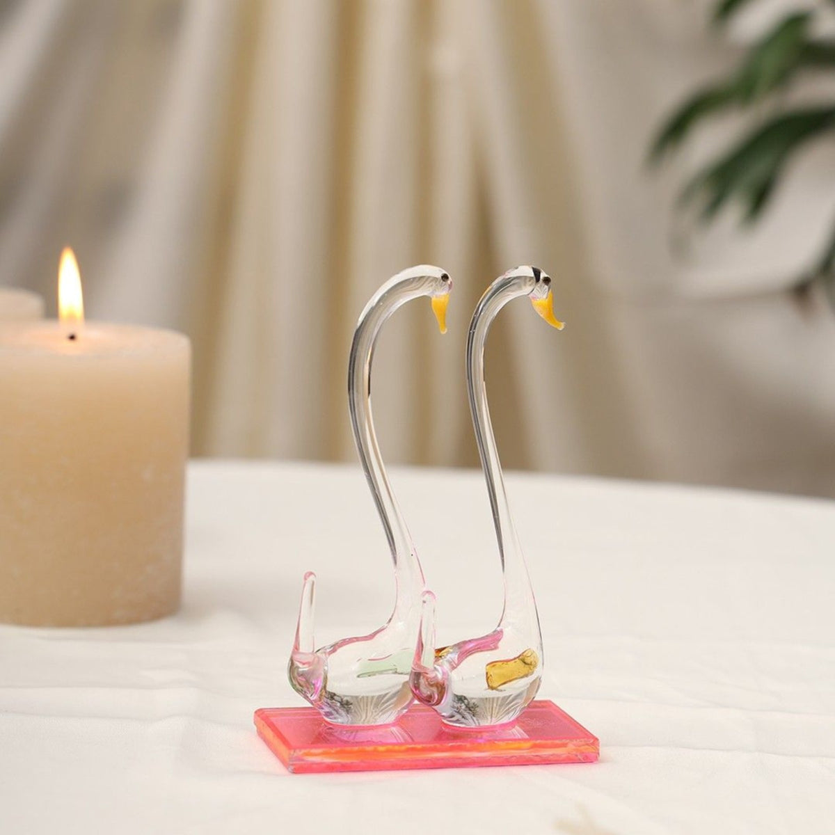 Sthula's Swan Couple Decorative Showpiece – Multicolor Glass Swan Figurine
