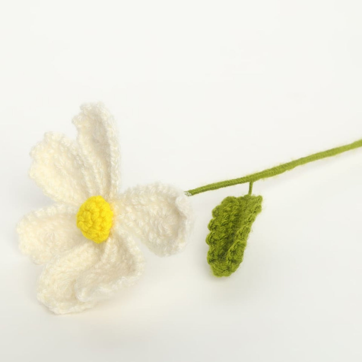 Sthula's Handmade Crochet White Daisy Flower with Green Leaf & Stem