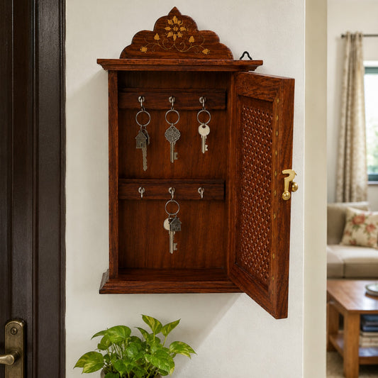 Sthula's Handmade Wooden Brown Wall Mounted Key Holder With Cabinet