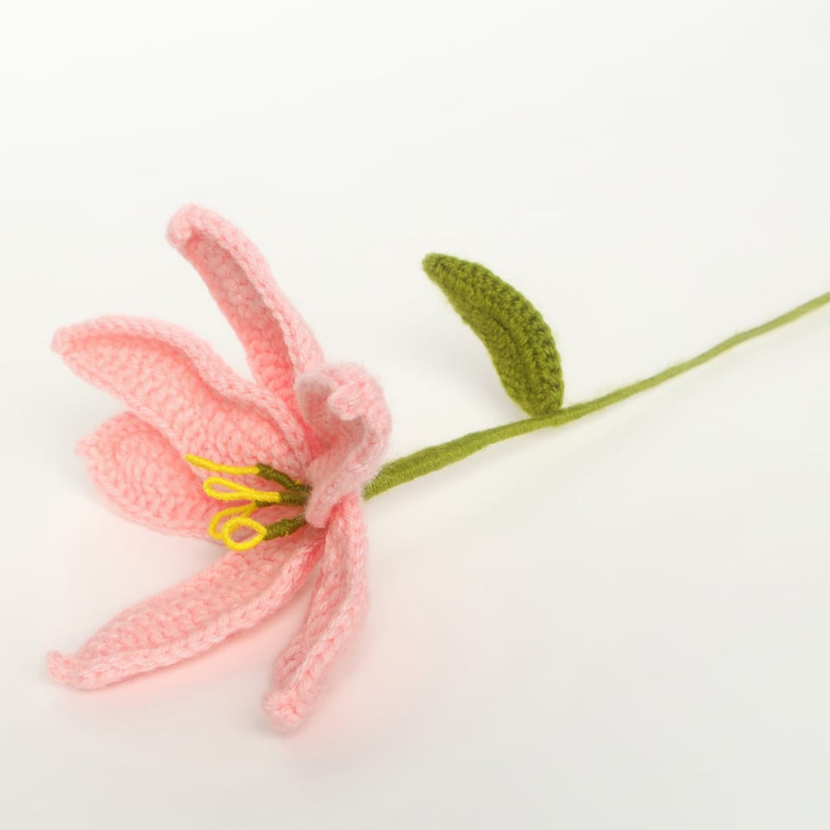 Sthula's Handmade Crochet Pink Lily Flower with Green Leaf & Stem
