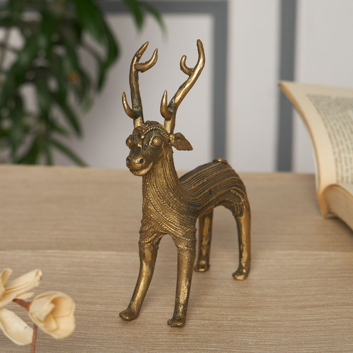 Sthula's Antique Brass Deer Figurine Showpiece