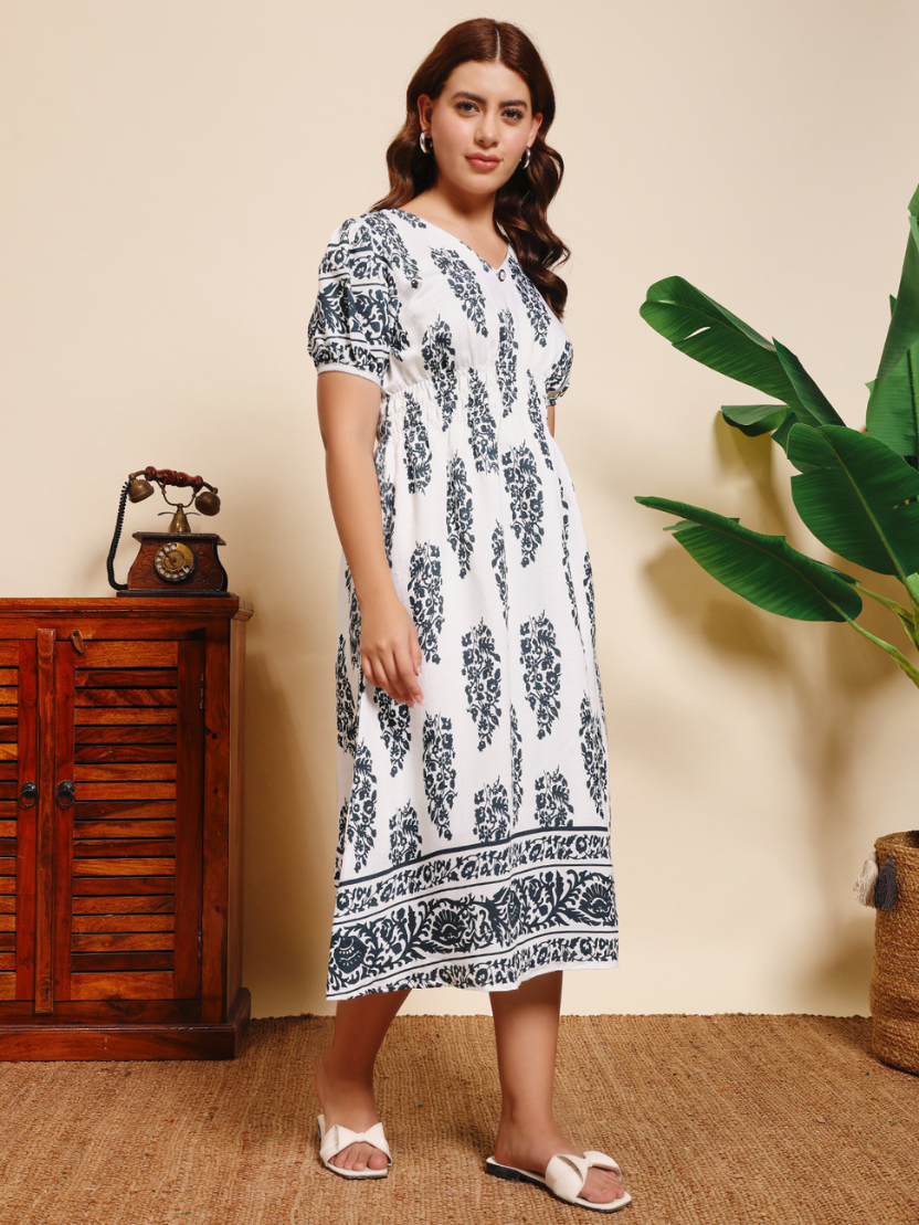 Sthula's White Cotton Printed Midi Dress