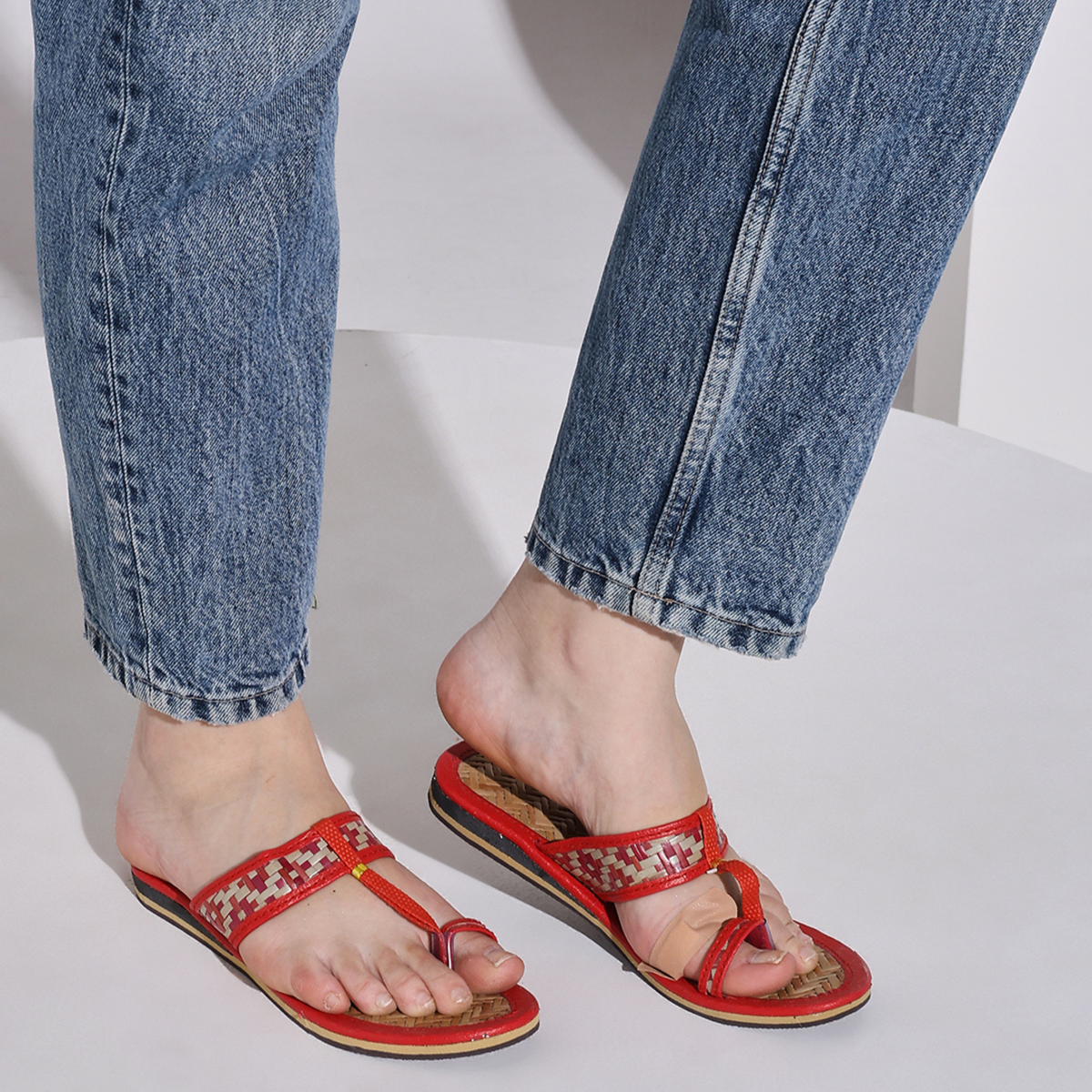Sthula's  Women’s Red Woven Toe Loop Flat Slippers