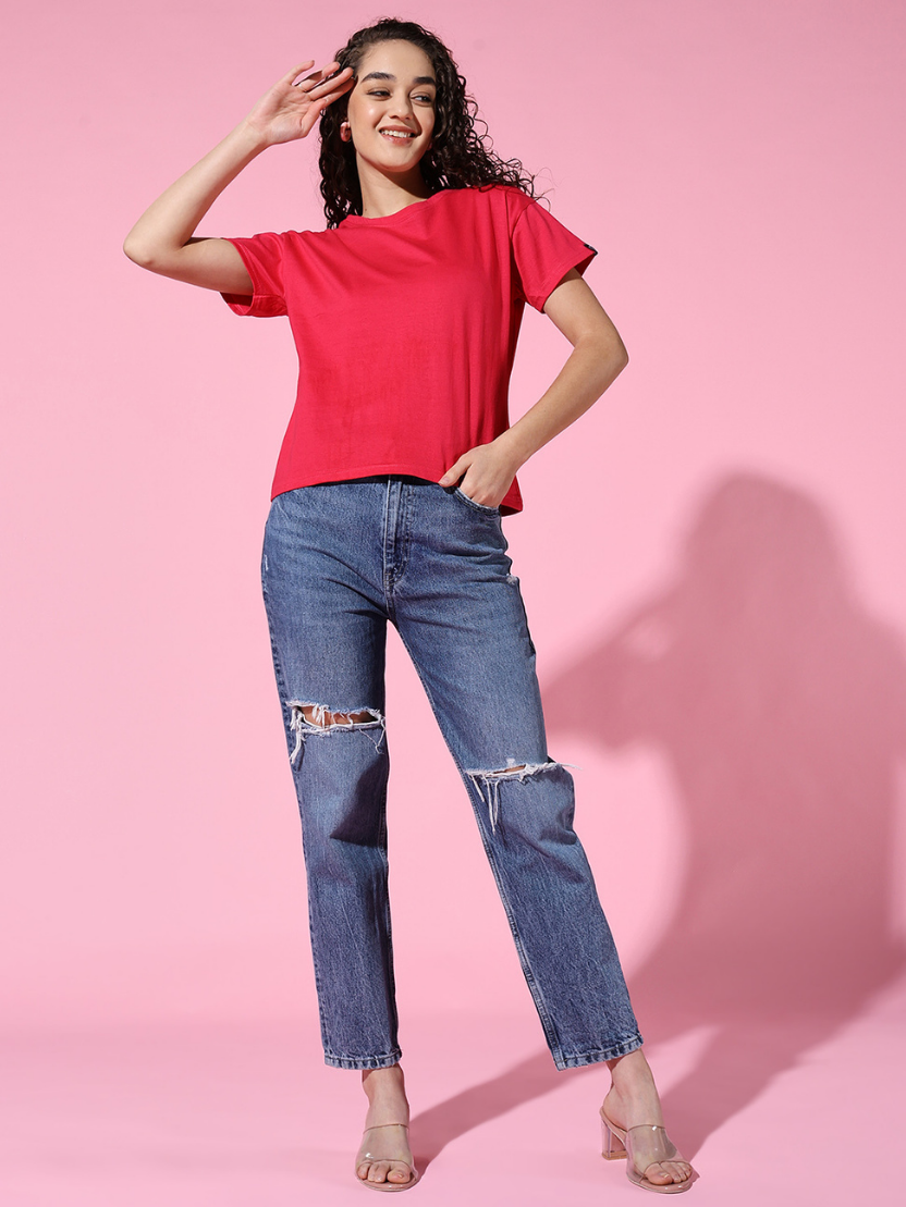 Sthula's Women Pink Cotton T-Shirt