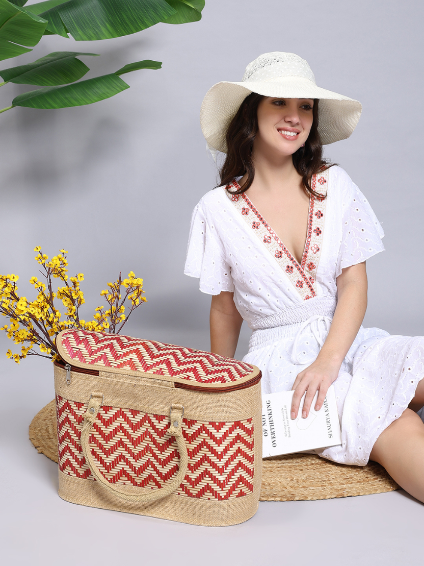 Sthula's Handwoven Bamboo Women’s Red Tote Bag