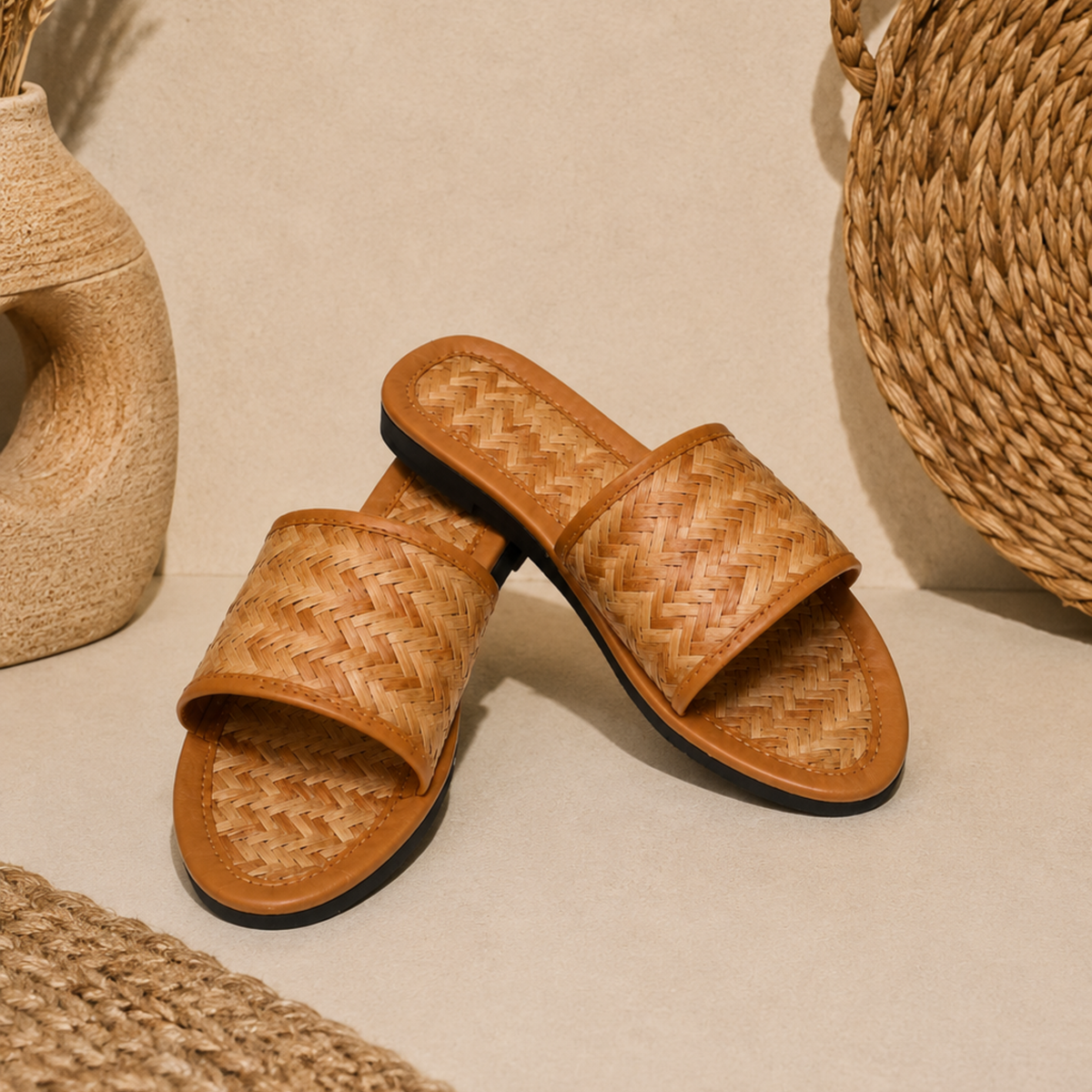 Sthula's Women’s Woven Strap Flat Slip-On Sandals – Tan