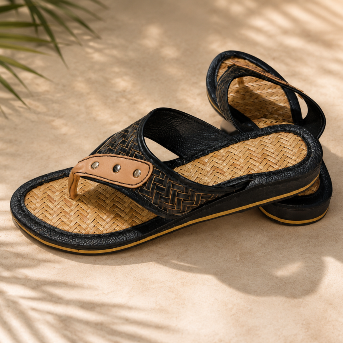 Sthula's Women’s Black Woven Toe Loop Flat Sandals