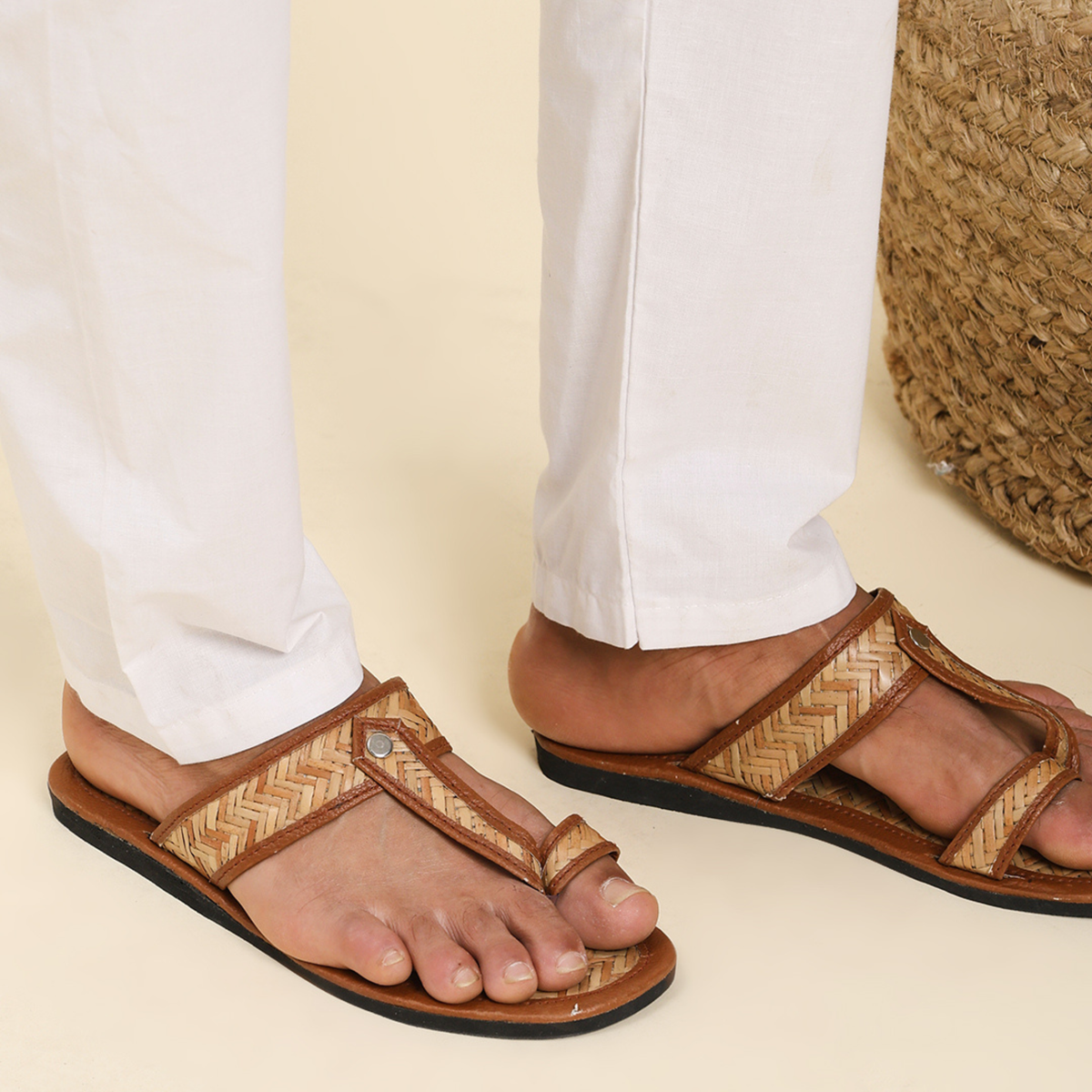 Sthula's Men’s Woven T-Strap Flat Sandals – Tan, Woven Material