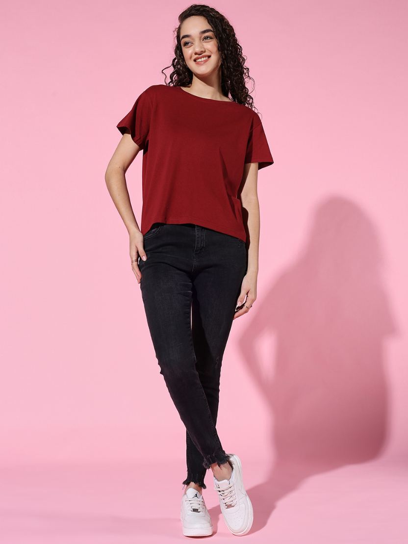 Sthula's Women Maroon Cotton T-Shirt