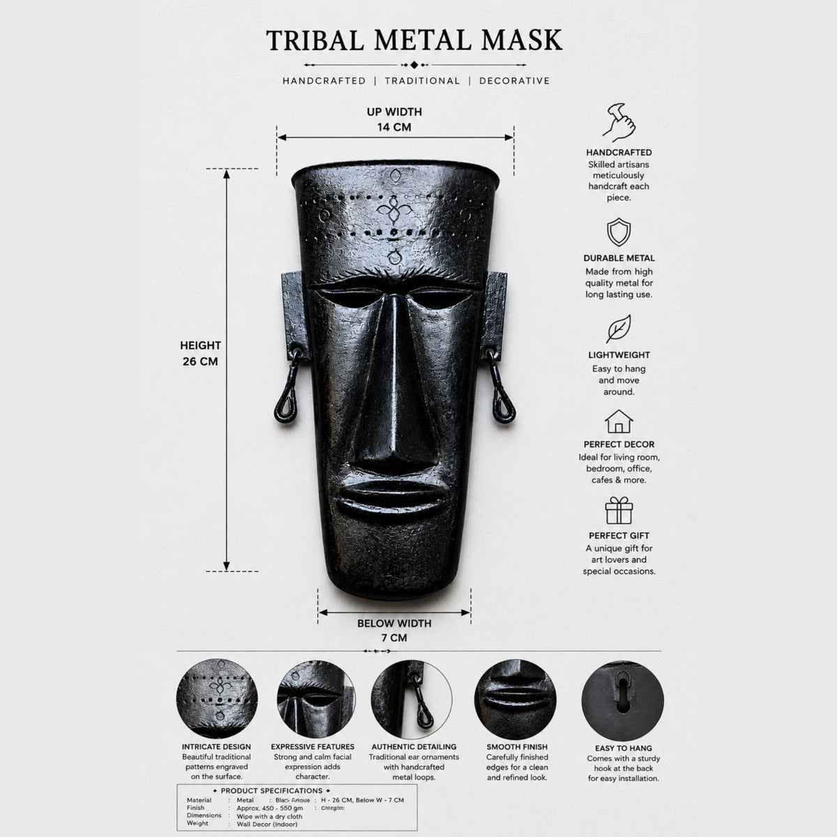 Sthula's Handmade Black Metal Tribal Face Wall Mask