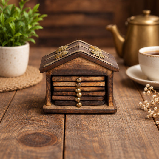 Sthula's Handmade Wooden Brown Coaster Set With Decorative Holder