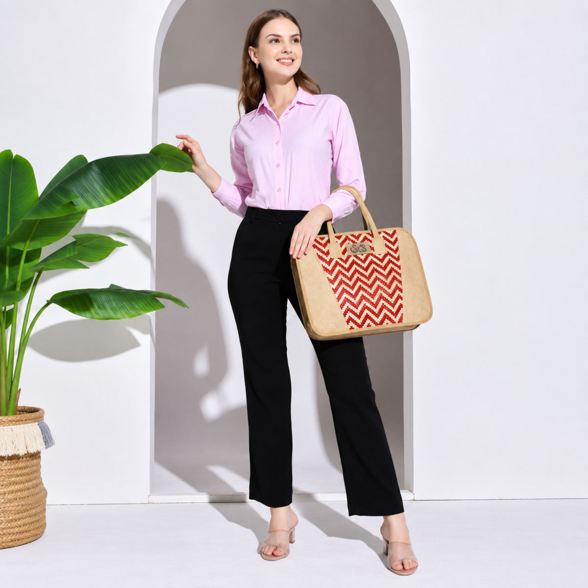 STHULA Red & Beige Handwoven Jute Laptop Tote Bag