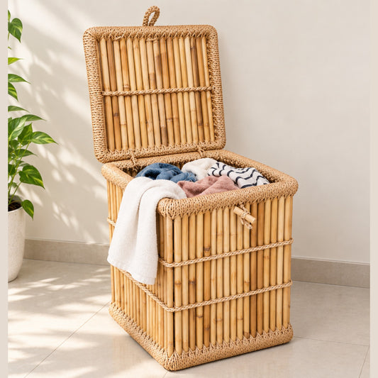 Sthula's Handmade Cane Laundry Basket with Lid – Natural Bamboo Storage Basket