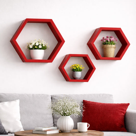 Sthula's Red Hexagon Wall Mounted Display Shelves Set of 3