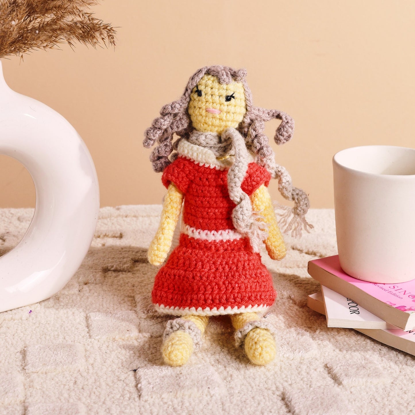 Sthula's Handmade Crochet Girl Doll in Pink Dress with Scarf