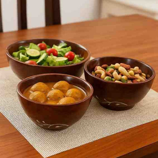 Sthula's Handmade Wooden Brown Decorative Bowl Set of 3