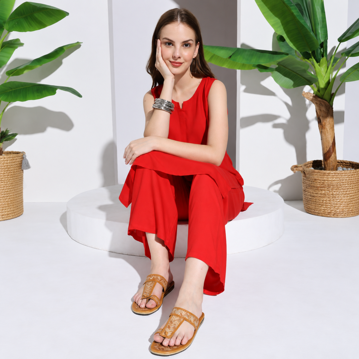 Sthula's Women’s Woven T-Strap Flat Sandals – Tan, Synthetic