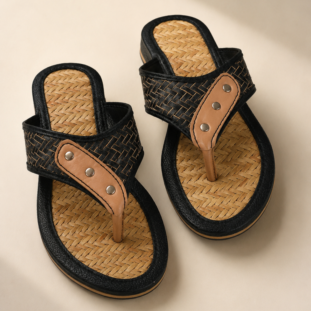 Sthula's Women’s Black Woven Toe Loop Flat Sandals