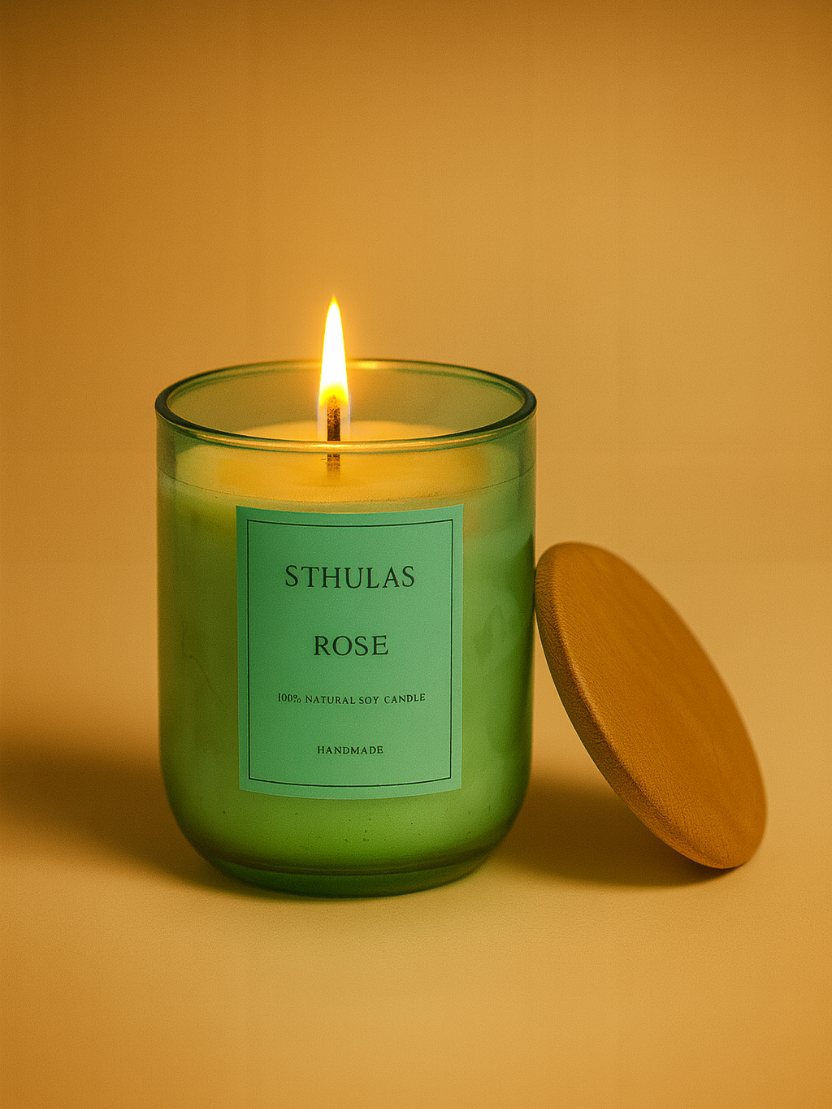Sthula's Handcrafted Rose Soy Wax Candle with Wooden Lid