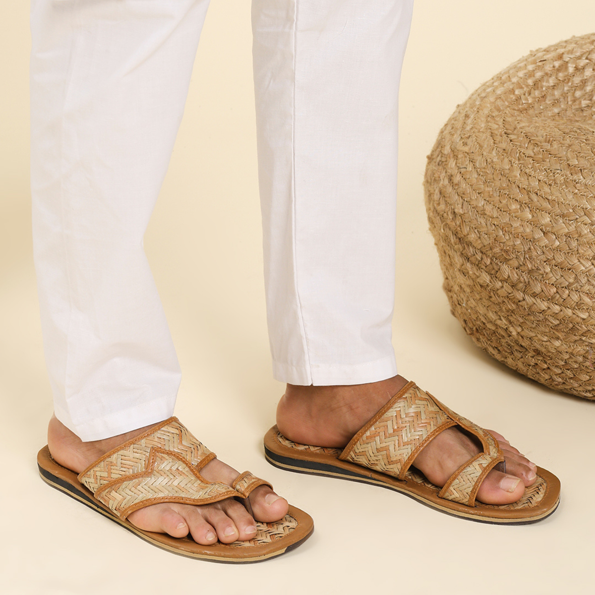 Sthula's Men’s Woven Strap Flat Sandals – Tan, Woven Material