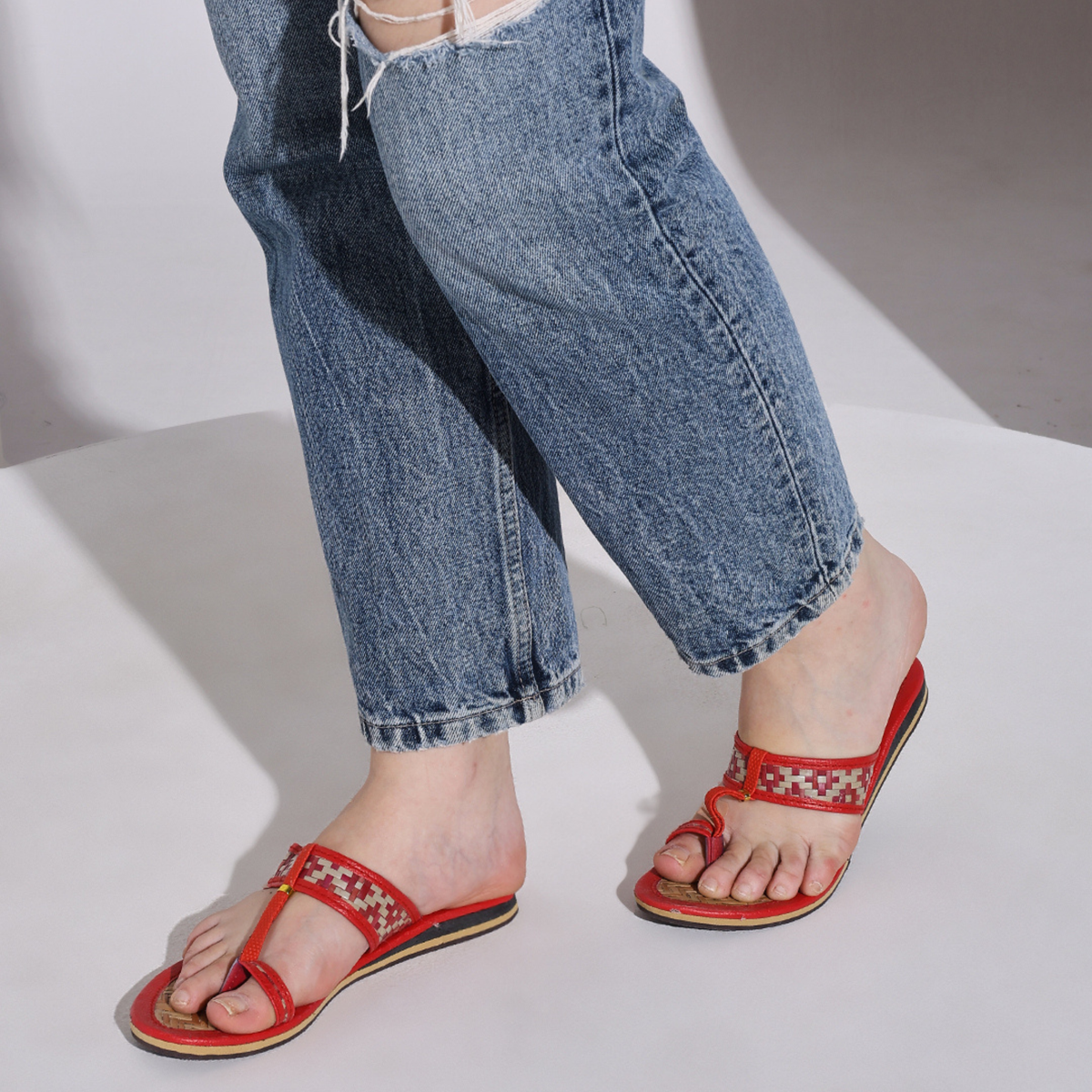 Sthula's  Women’s Red Woven Toe Loop Flat Slippers