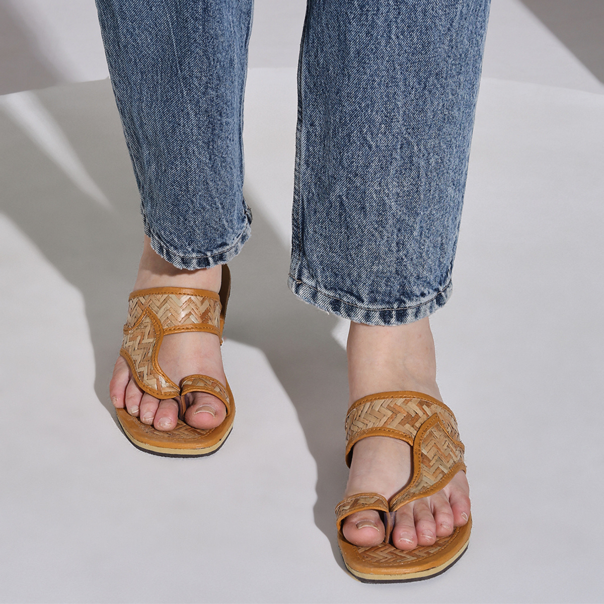 Sthula's Women’s Woven Cutout Flat Sandals – Tan, Synthetic