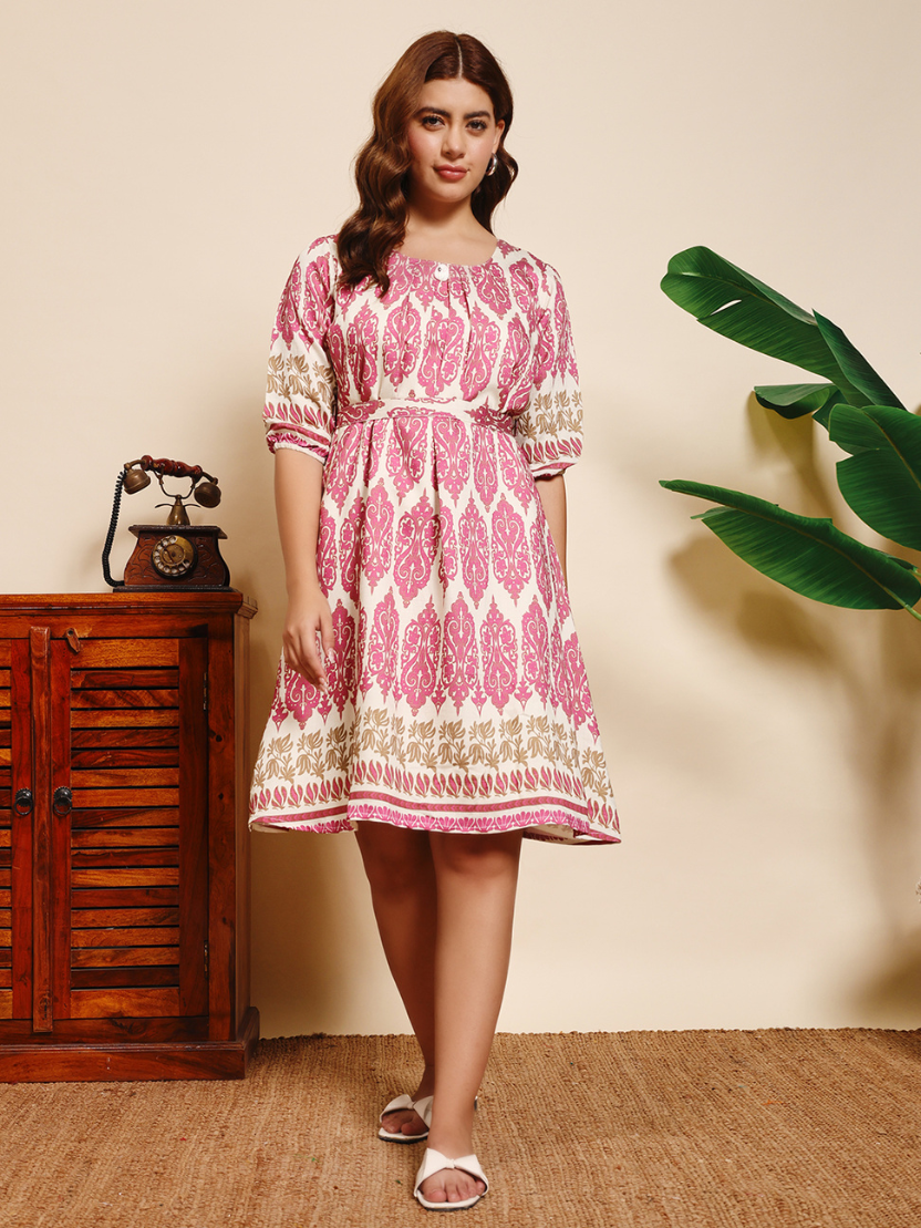 Sthulas's Pink Cotton Printed Dress