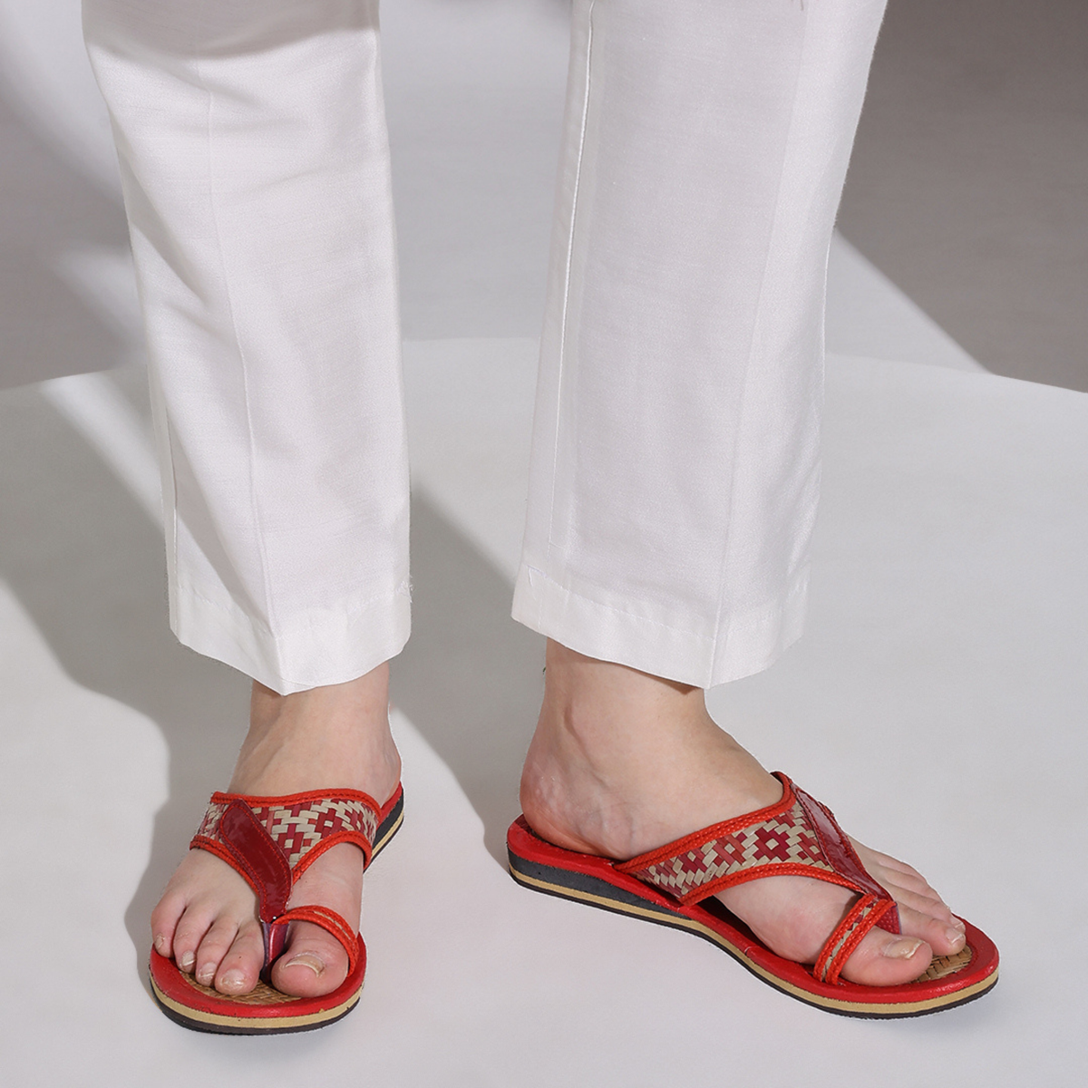 Sthula's Women’s Woven Strap Flat Sandals – Red, Synthetic