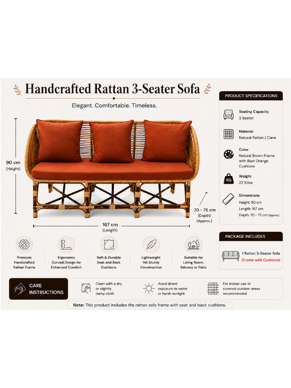 Sthula's Natural Brown Handmade Rattan 3 Seater Sofa | Premium Cane Furniture