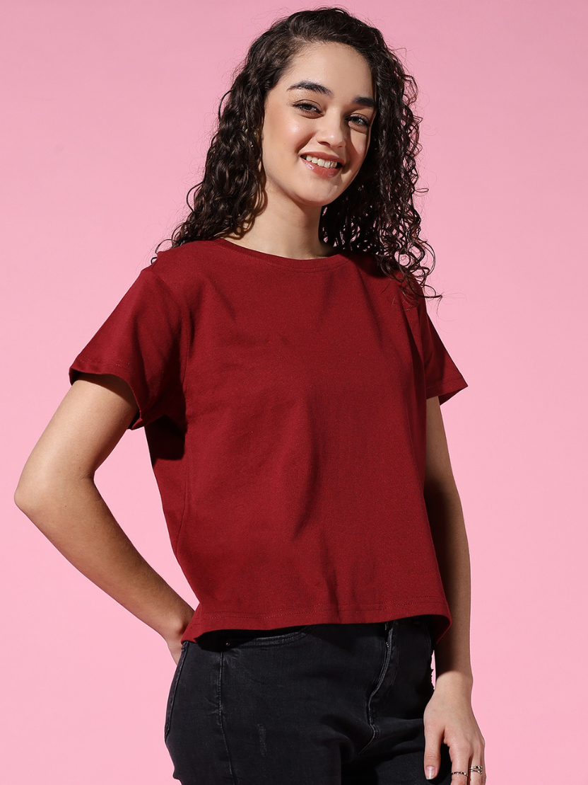 Sthula's Women Maroon Cotton T-Shirt