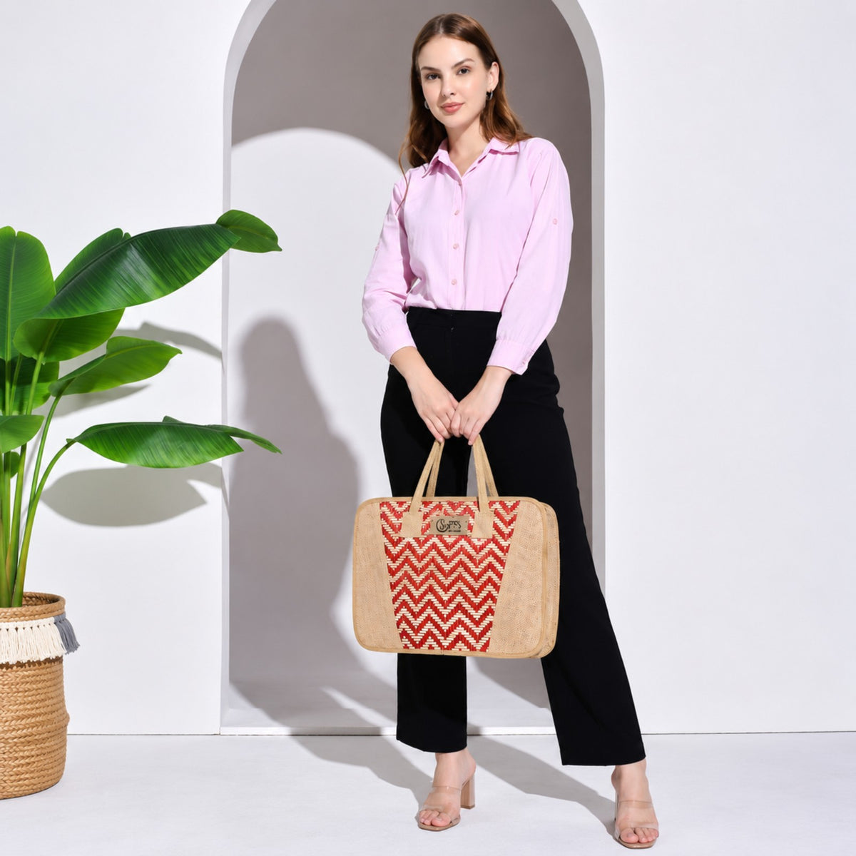STHULA Red & Beige Handwoven Jute Laptop Tote Bag