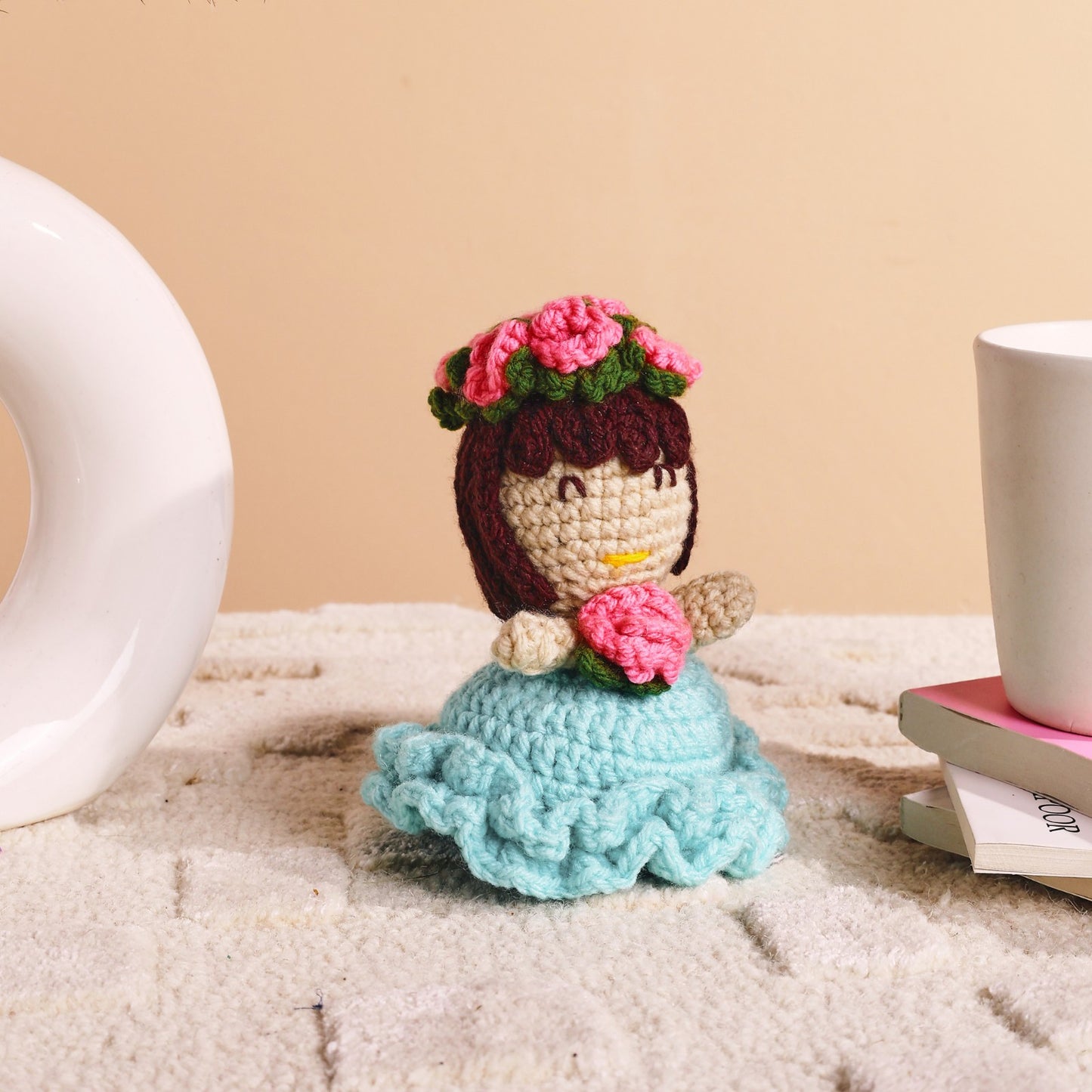 Sthula's Handmade Crochet Blue Dress Doll with Pink Rose Flower Crown