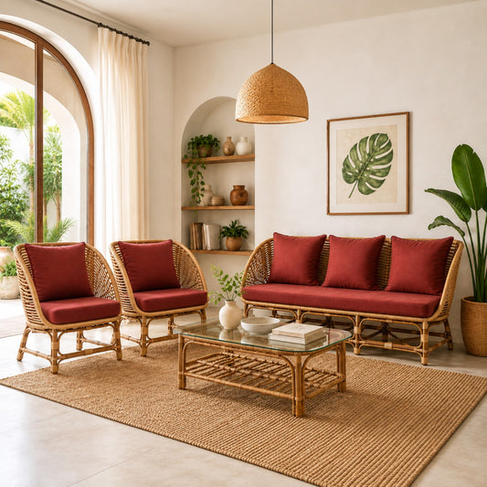 Sthula's Rattan Cane Sofa Set – Natural Brown 3 Seater & 2 Accent Chairs