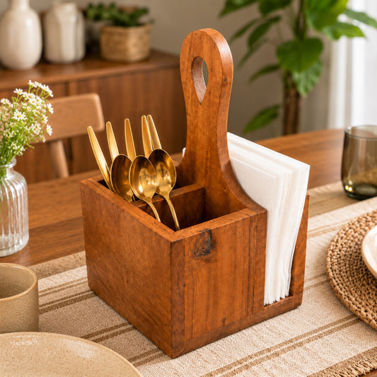 Sthula's Handmade Wooden Brown Cutlery & Napkin Holder Organizer