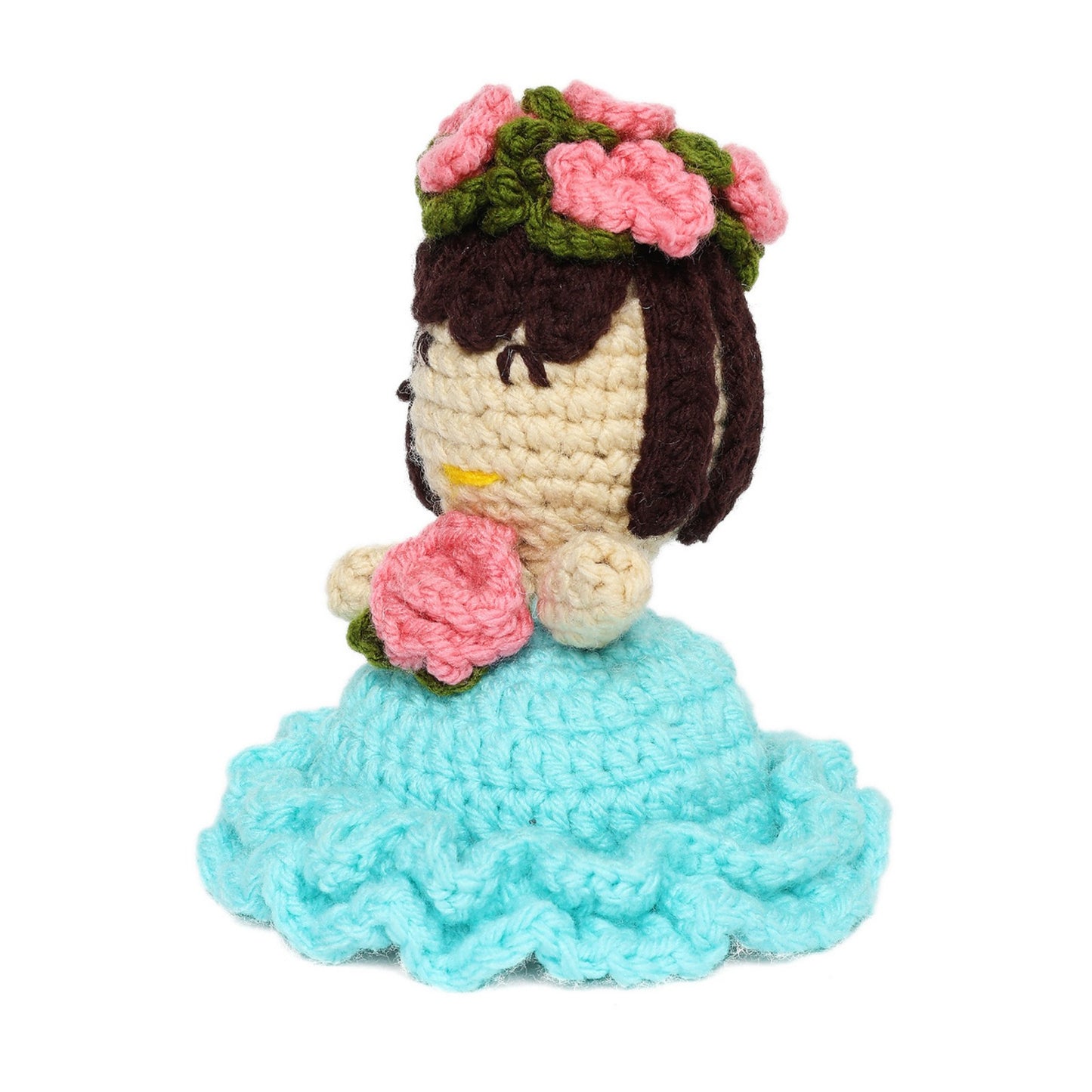 Sthula's Handmade Crochet Blue Dress Doll with Pink Rose Flower Crown